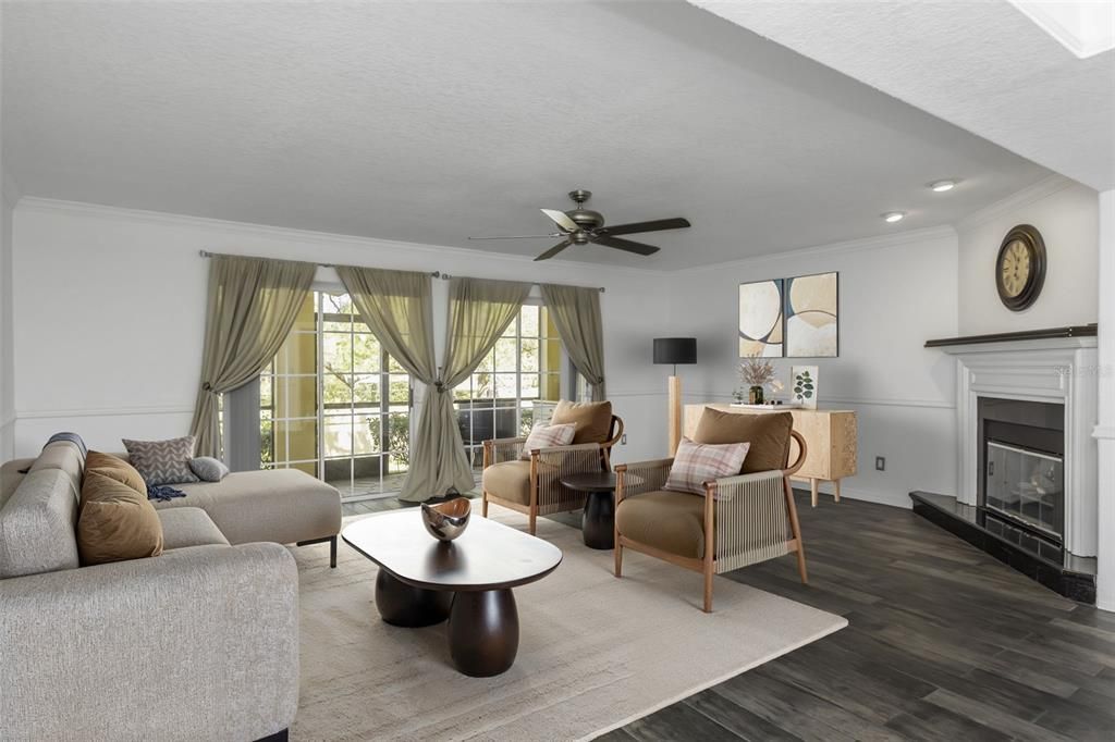 Fireplace, Interior, Living room, Recessed Lighting, Wood Texture Flooring
