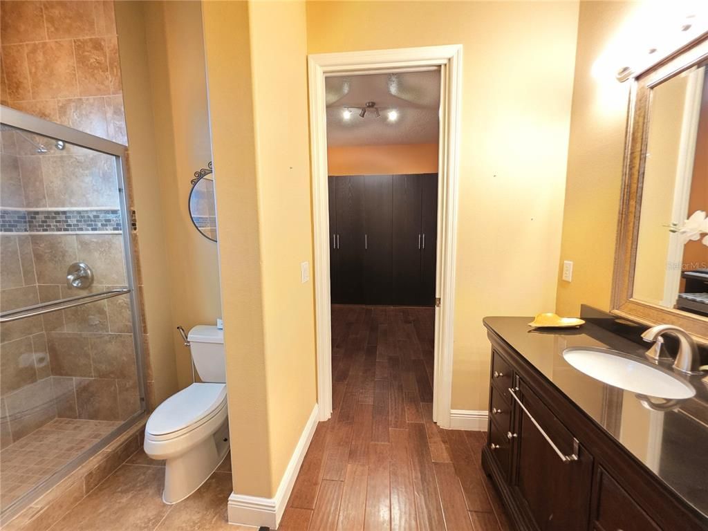 Bathroom, Glass Shower, Interior, Wood Texture Flooring