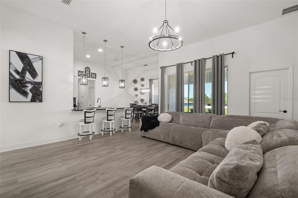 Dining room, Interior, Living room, Pendant Lights, Recessed Lighting, Wood Texture Flooring