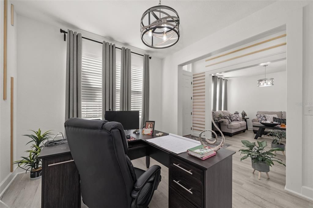 Home Office, Interior, Pendant Lights, Wood Texture Flooring