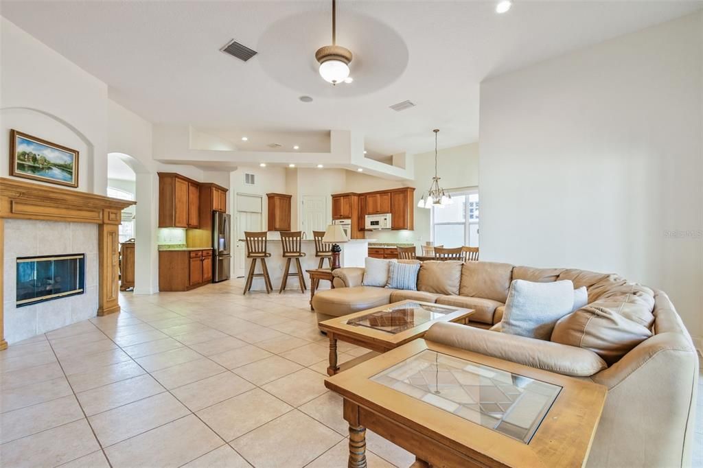 Dining room, Fireplace, Interior, Kitchen, Living room, Pendant Lights, Recessed Lighting