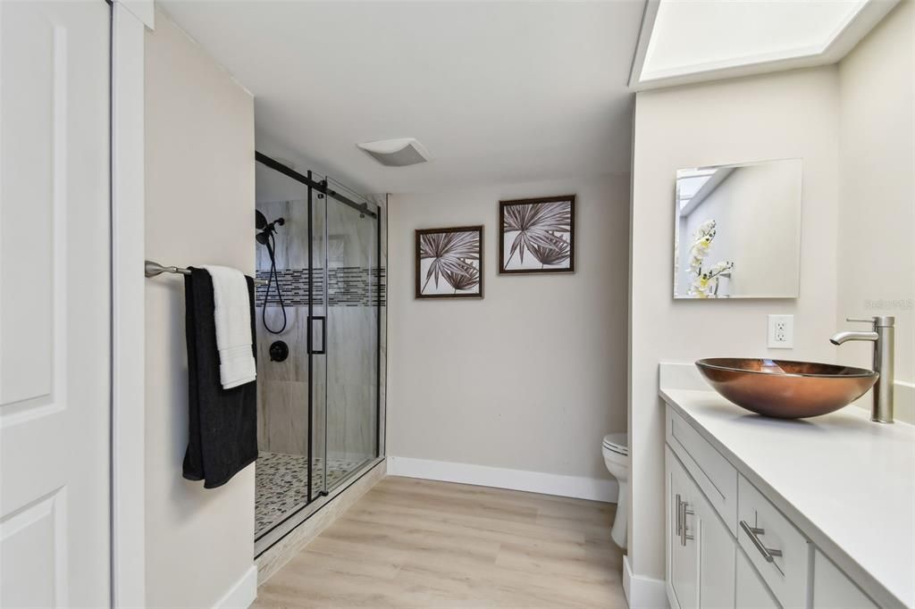 Bathroom, Glass Shower, Interior, Wood Texture Flooring