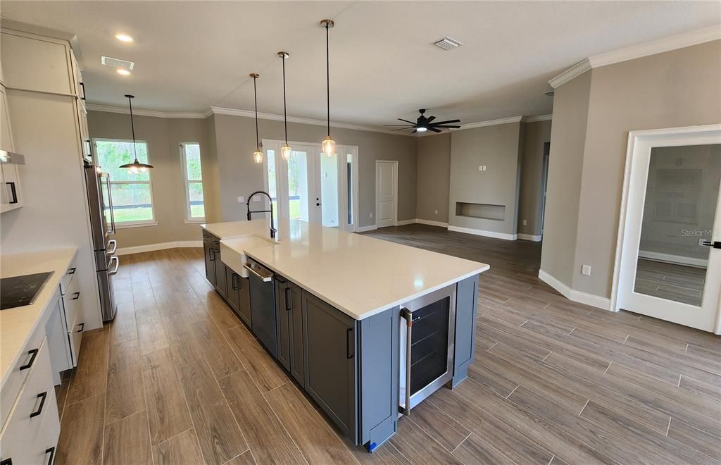 Interior, Kitchen, Pendant Lights, Recessed Lighting, Wood Texture Flooring