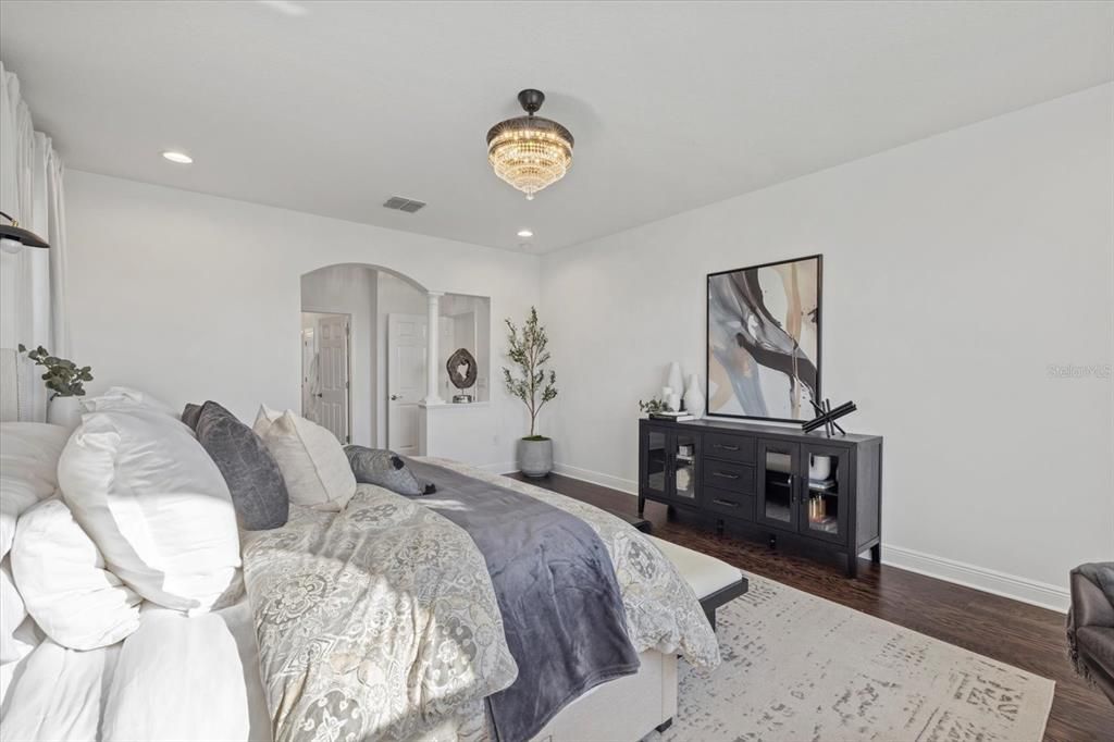 Bedroom, Chandelier, Interior, Recessed Lighting, Wood Texture Flooring
