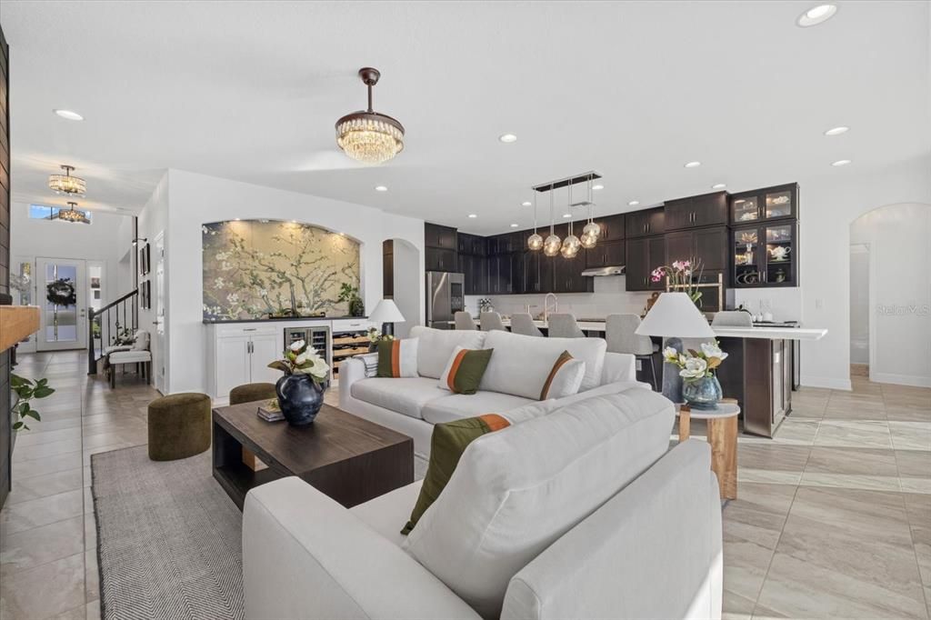 Chandelier, Dining room, Interior, Kitchen, Living room, Pendant Lights, Recessed Lighting, Stainless Steel Appliances