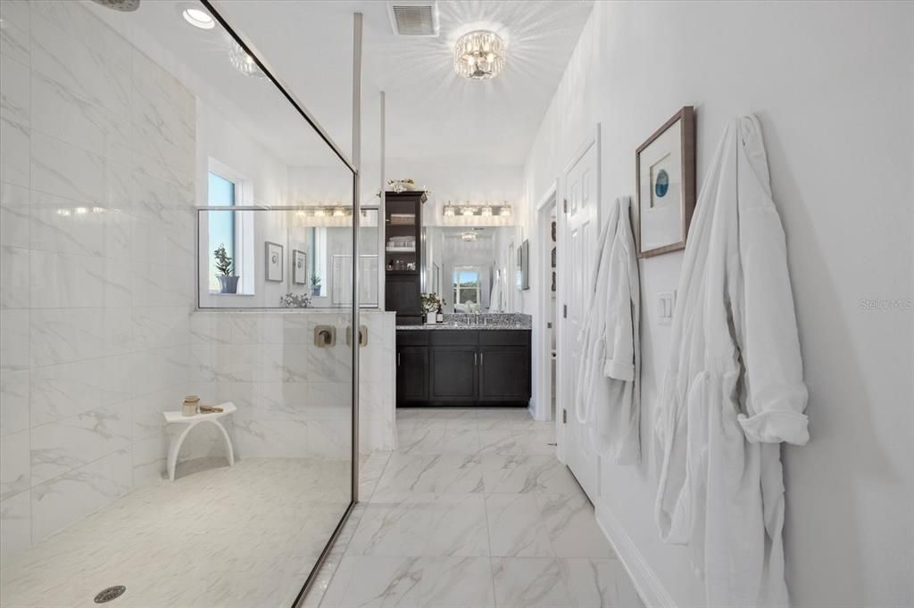 Bathroom, Glass Shower, Interior, Marble, Marble Walls, Recessed Lighting