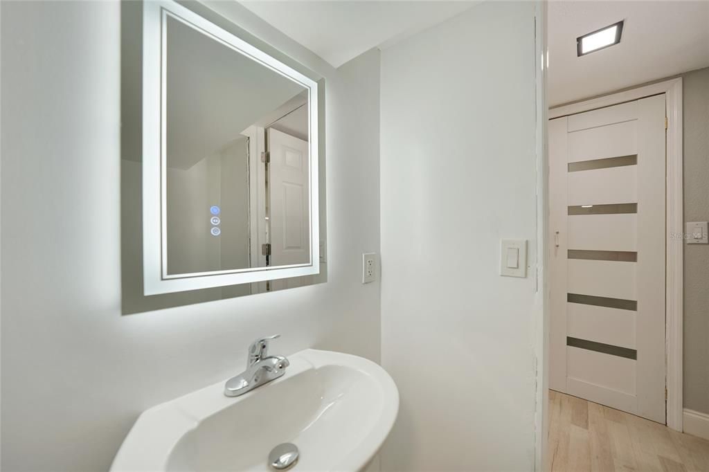 Bathroom, Interior, Recessed Lighting, Wood Texture Flooring
