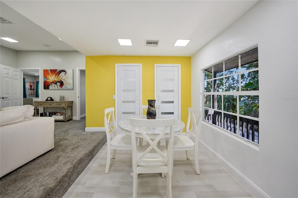 Dining room, Interior, Recessed Lighting, Wood Texture Flooring