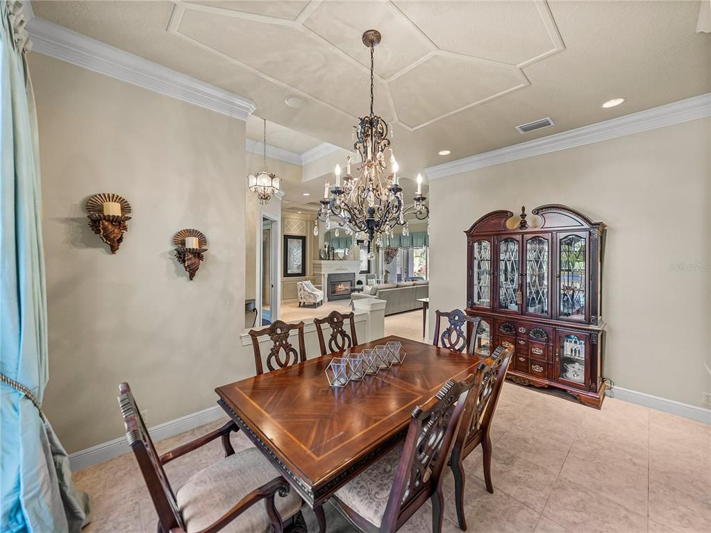 Chandelier, Dining room, Fireplace, Interior, Living room, Recessed Lighting