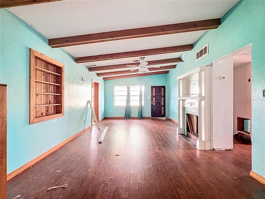 Empty room, Fireplace, Interior, Wooden Beams, Wood Texture Flooring