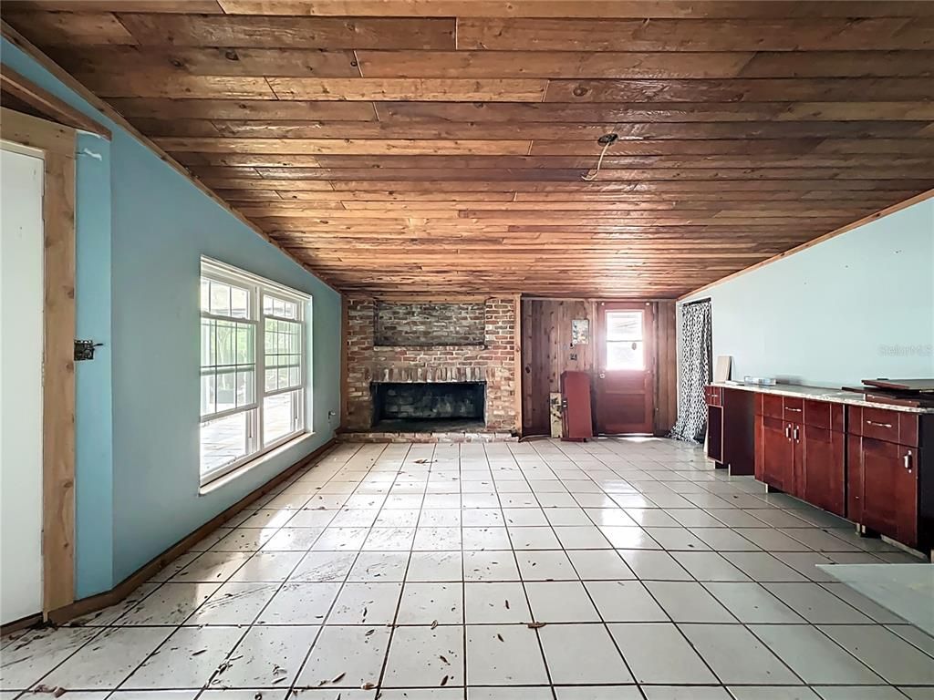Empty room, Fireplace, Interior, Wooden Ceilings, Wooden Walls
