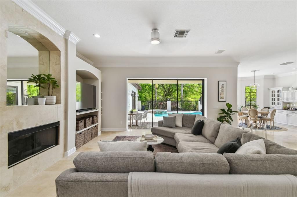 Dining room, Fireplace, Interior, Living room, Pendant Lights, Recessed Lighting