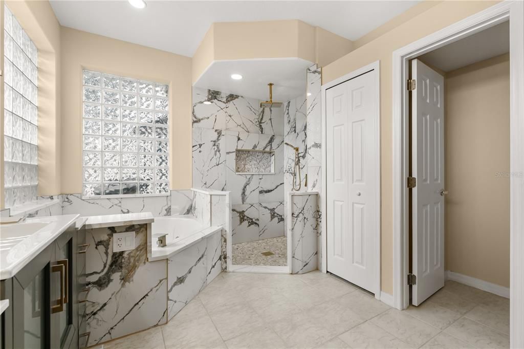Bathroom, Glass Shower, Interior, Marble Walls, Recessed Lighting
