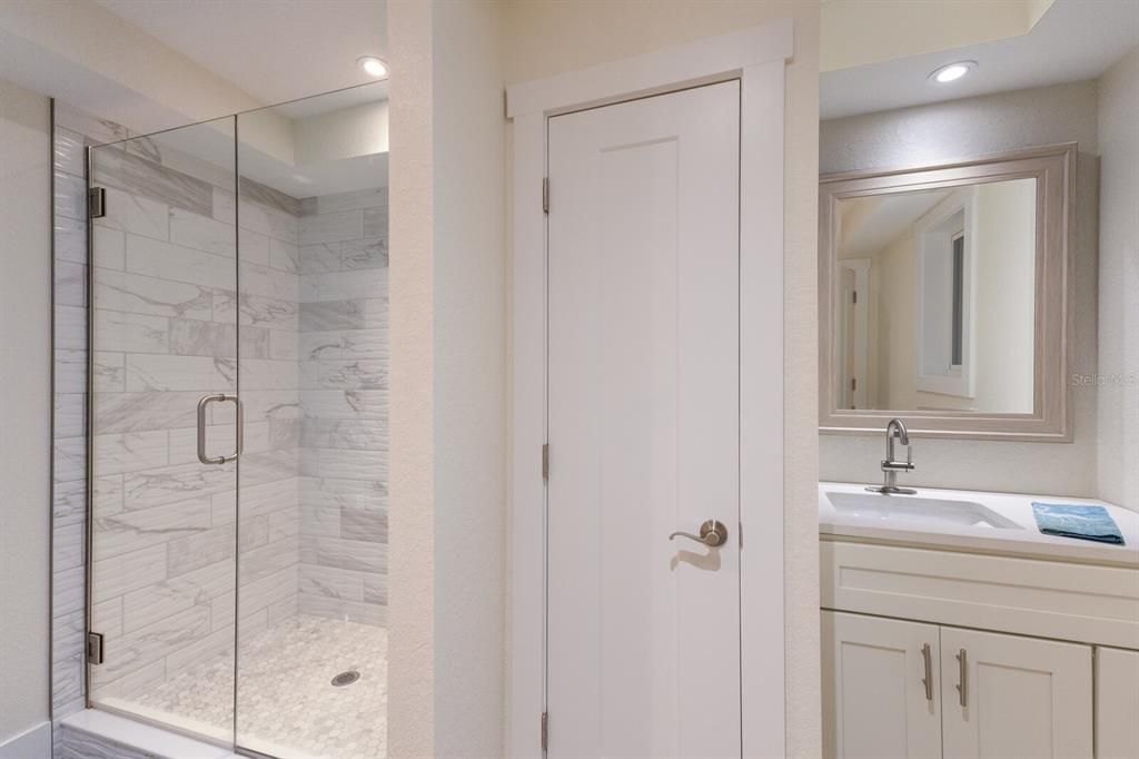Bathroom, Glass Shower, Interior, Marble Walls, Recessed Lighting