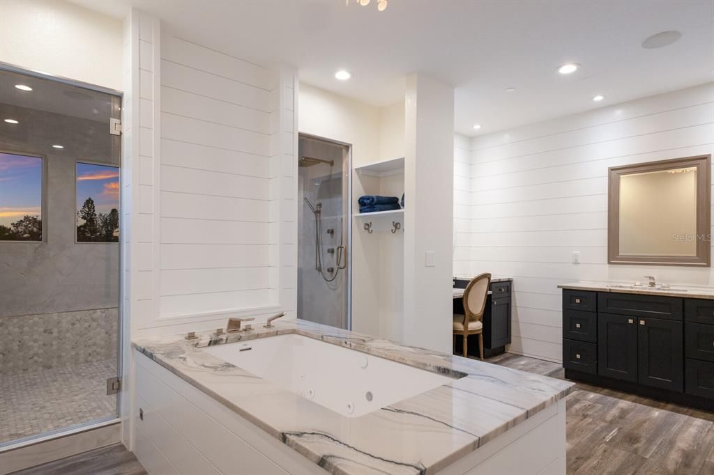 Bathroom, Glass Shower, Interior, Recessed Lighting, Wood Texture Flooring