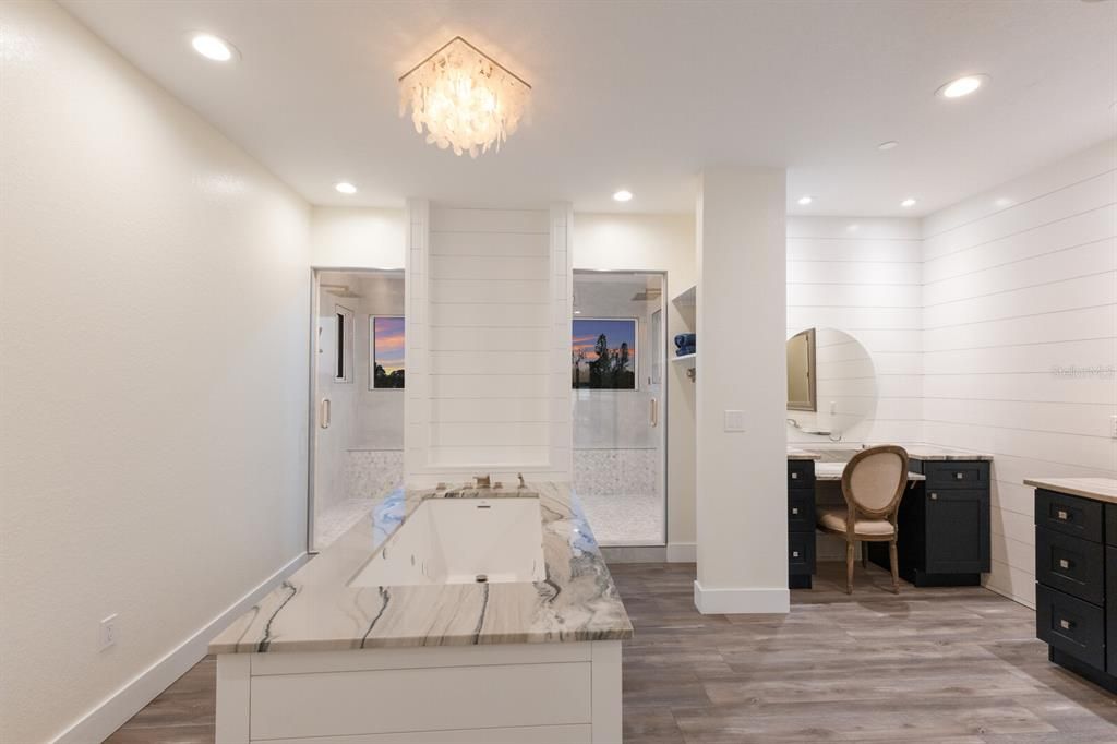 Bathroom, Chandelier, Interior, Recessed Lighting, Wood Texture Flooring