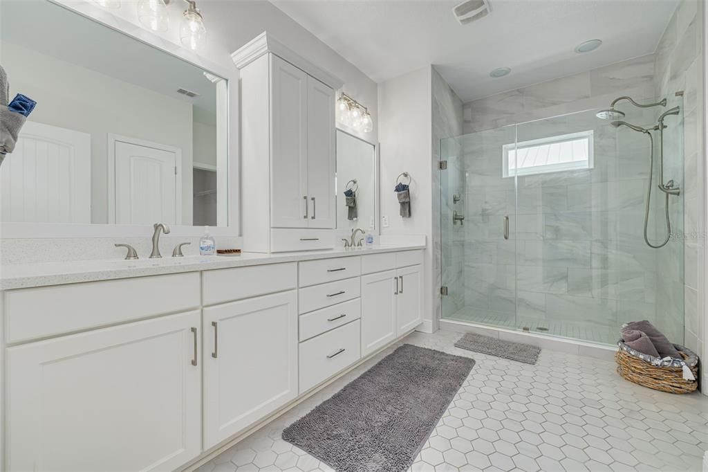 Bathroom, Dual Sink Vanities, Glass Shower, Interior, Marble Walls