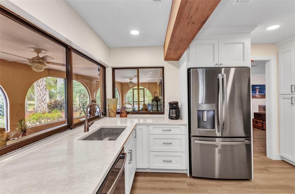 Interior, Kitchen, Recessed Lighting, Stainless Steel Appliances, Wooden Beams, Wood Texture Flooring