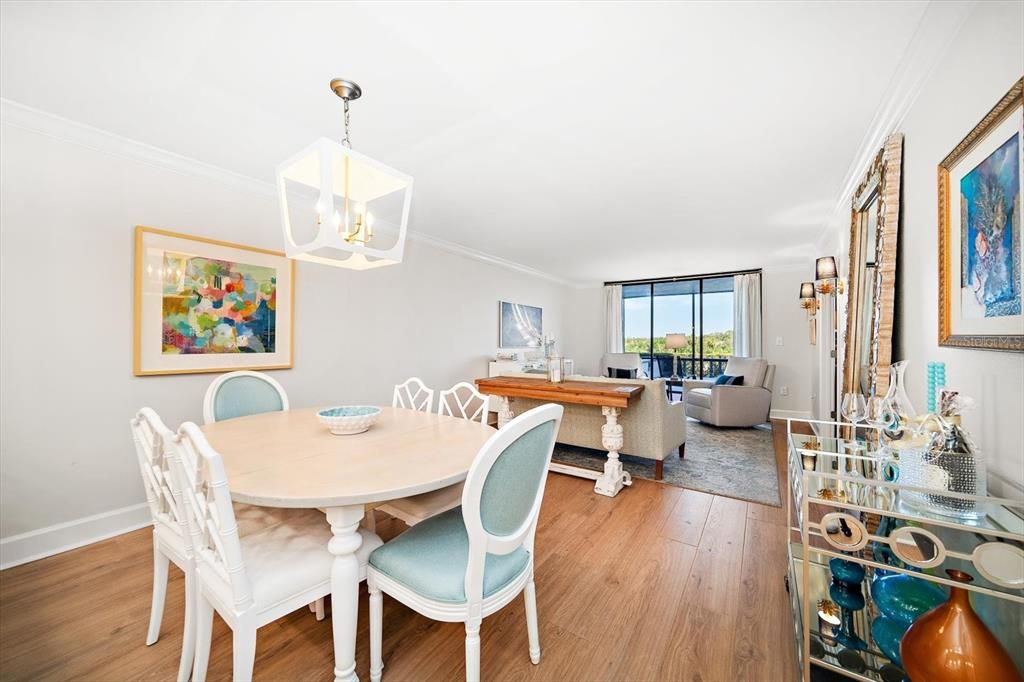 Dining room, Interior, Living room, Pendant Lights, Wood Texture Flooring