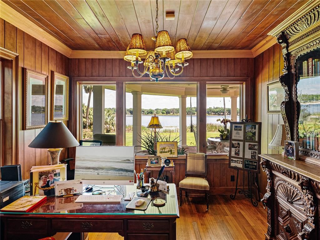 Chandelier, Home Office, Interior, Wooden Ceilings, Wood Texture Flooring, Wooden Walls