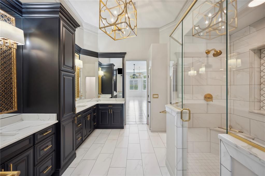 Bathroom, Glass Shower, Interior, Marble, Pendant Lights