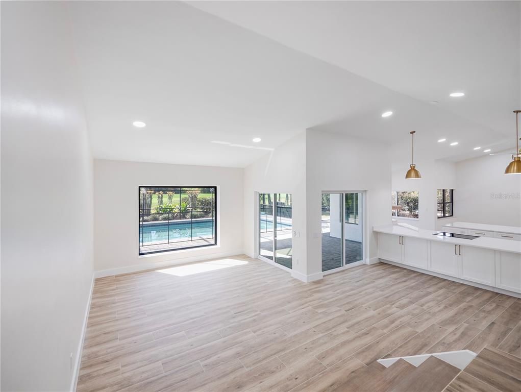 Empty room, Interior, Kitchen, Pendant Lights, Recessed Lighting, Wood Texture Flooring