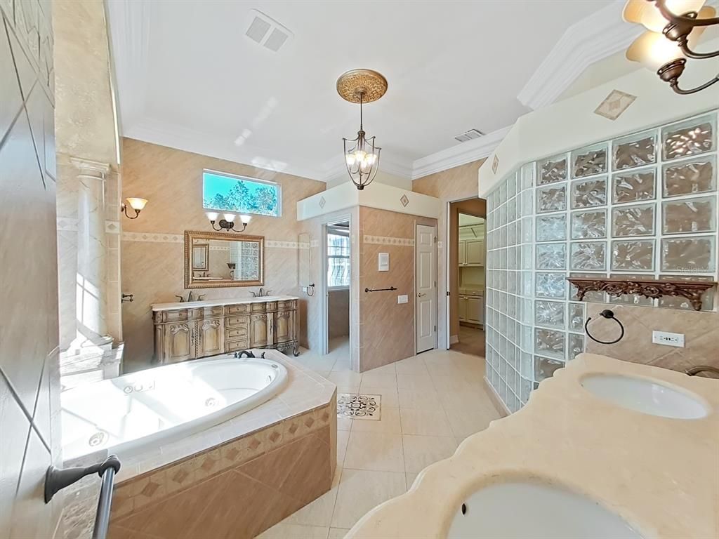 Bathroom, Dual Sink Vanities, Interior, Pendant Lights, Wooden Walls