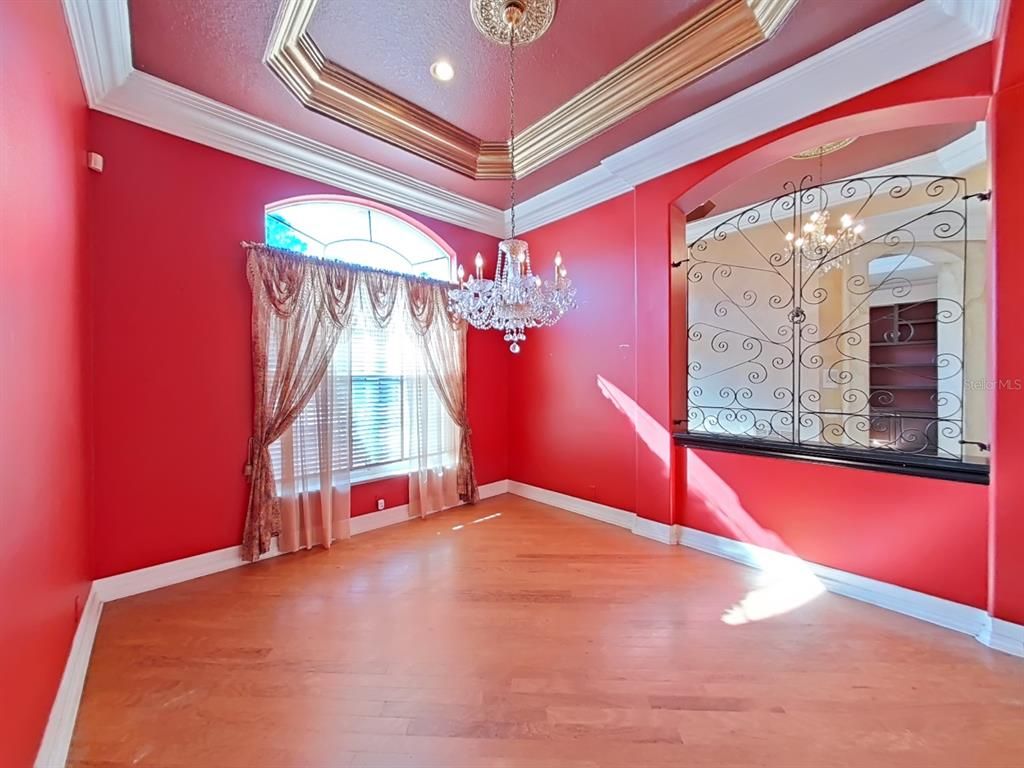 Chandelier, Empty room, Interior, Recessed Lighting, Wood Texture Flooring