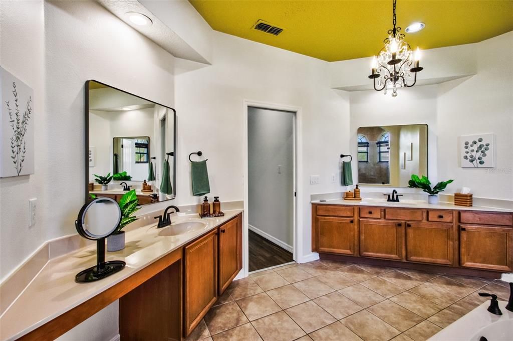 Bathroom, Chandelier, Dual Sink Vanities, Interior, Recessed Lighting