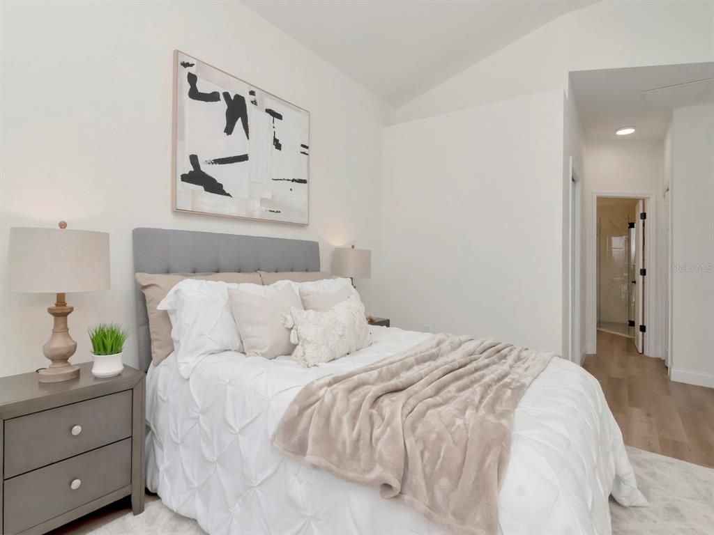 Bedroom, Interior, Recessed Lighting, Wood Texture Flooring