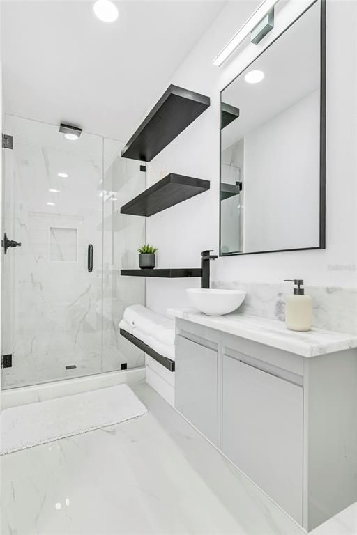 Bathroom, Glass Shower, Interior, Marble, Marble Walls, Recessed Lighting