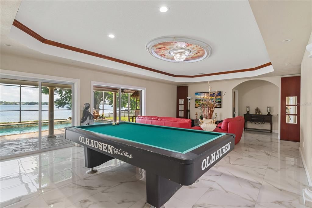 Billiard Table, Game Room, Interior, Marble, Recessed Lighting, Water