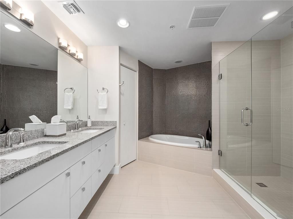 Bathroom, Dual Sink Vanities, Glass Shower, Interior, Recessed Lighting