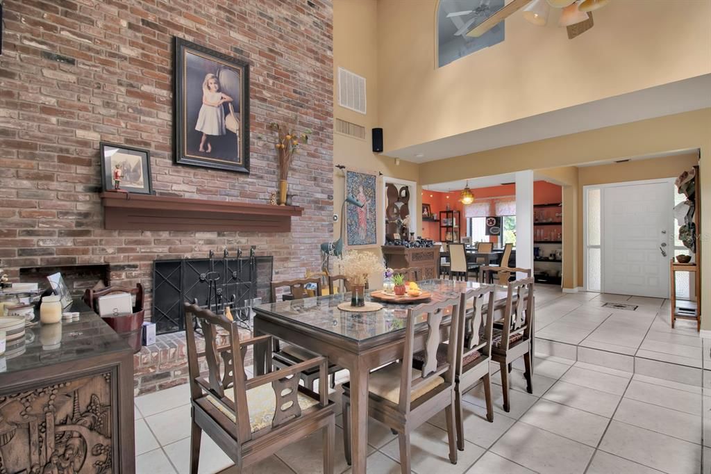 Dining room, Fireplace, Interior, Pendant Lights, Stone Walls