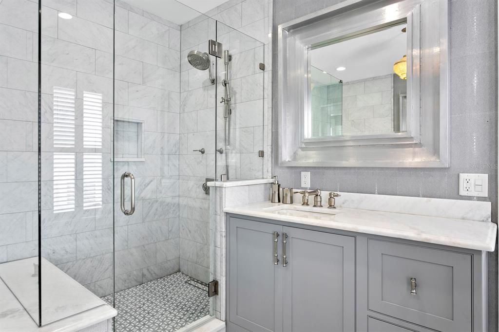 Bathroom, Glass Shower, Interior, Marble Walls, Recessed Lighting