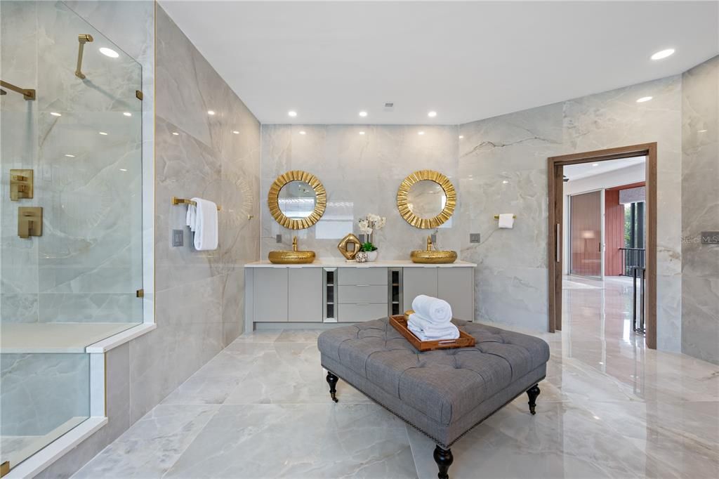 Bathroom, Glass Shower, Interior, Marble, Marble Walls, Recessed Lighting
