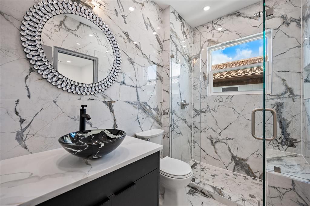 Bathroom, Glass Shower, Interior, Marble, Marble Walls, Recessed Lighting