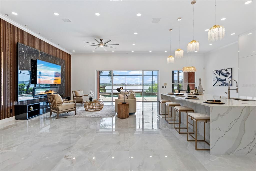 Interior, Kitchen, Living room, Marble, Marble Walls, Pendant Lights, Recessed Lighting