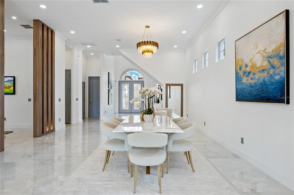 Chandelier, Dining room, Interior, Marble, Recessed Lighting