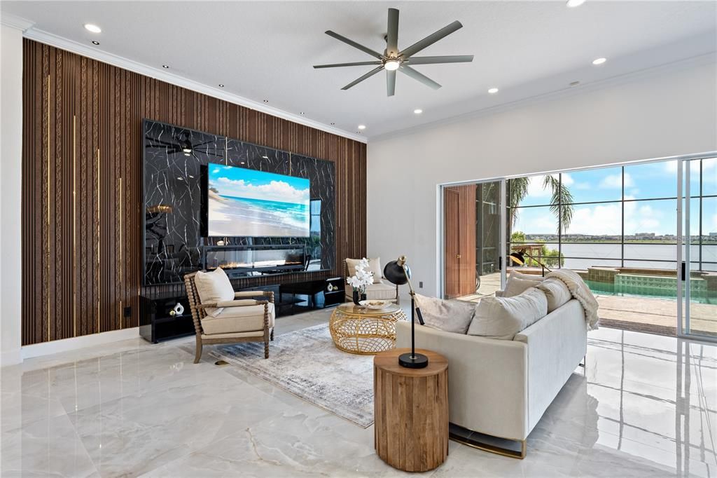 Fireplace, Interior, Living room, Marble, Marble Walls, Recessed Lighting