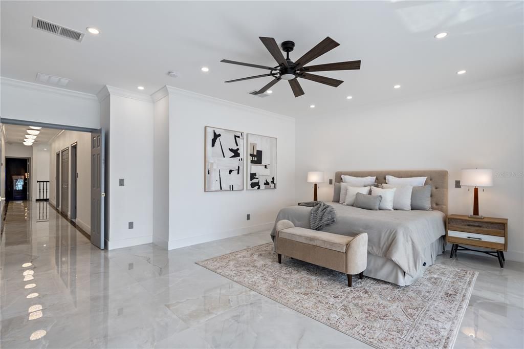 Bedroom, Interior, Marble, Recessed Lighting
