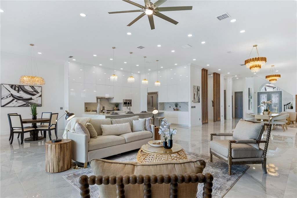 Dining room, Interior, Kitchen, Living room, Marble, Pendant Lights, Recessed Lighting, Stainless Steel Appliances