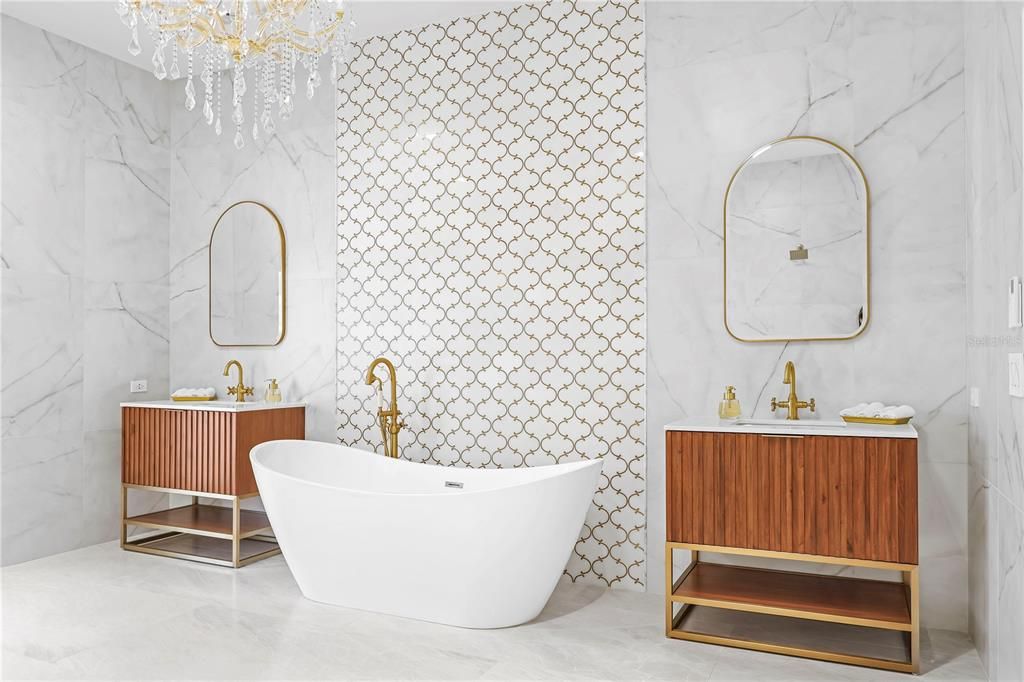Bathroom, Chandelier, Free Standing Baths, Interior, Marble, Marble Walls
