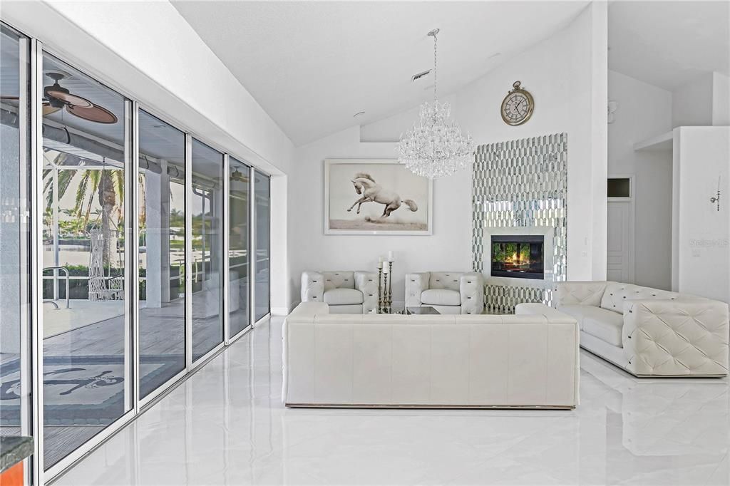 Chandelier, Fireplace, Interior, Living room