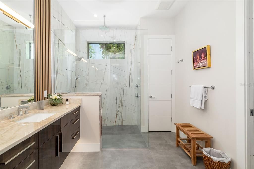 Bathroom, Dual Sink Vanities, Glass Shower, Interior, Marble Walls, Recessed Lighting