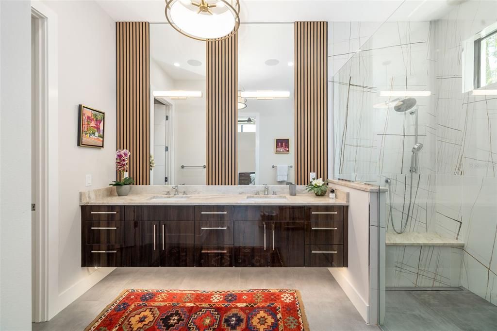 Bathroom, Dual Sink Vanities, Glass Shower, Interior, Marble Walls, Pendant Lights, Recessed Lighting