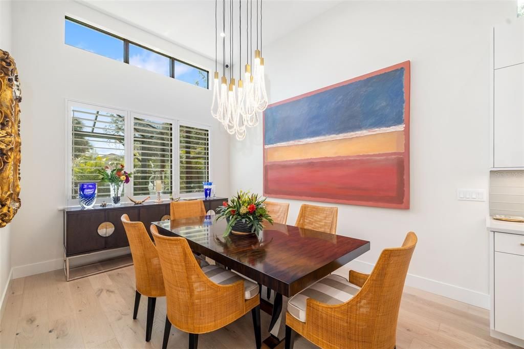 Chandelier, Dining room, Interior, Pendant Lights, Recessed Lighting, Wood Texture Flooring