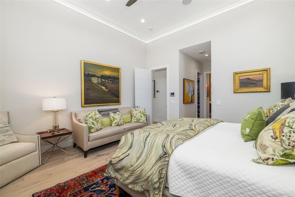 Bedroom, Interior, Recessed Lighting, Wood Texture Flooring