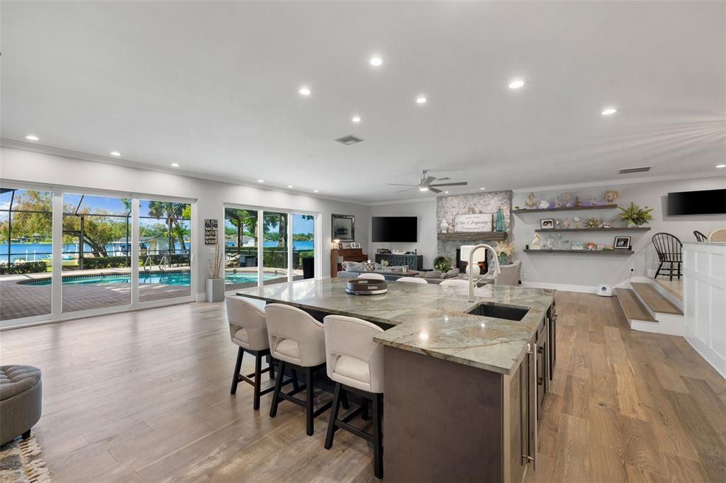 Fireplace, Interior, Kitchen, Recessed Lighting, Wood Texture Flooring