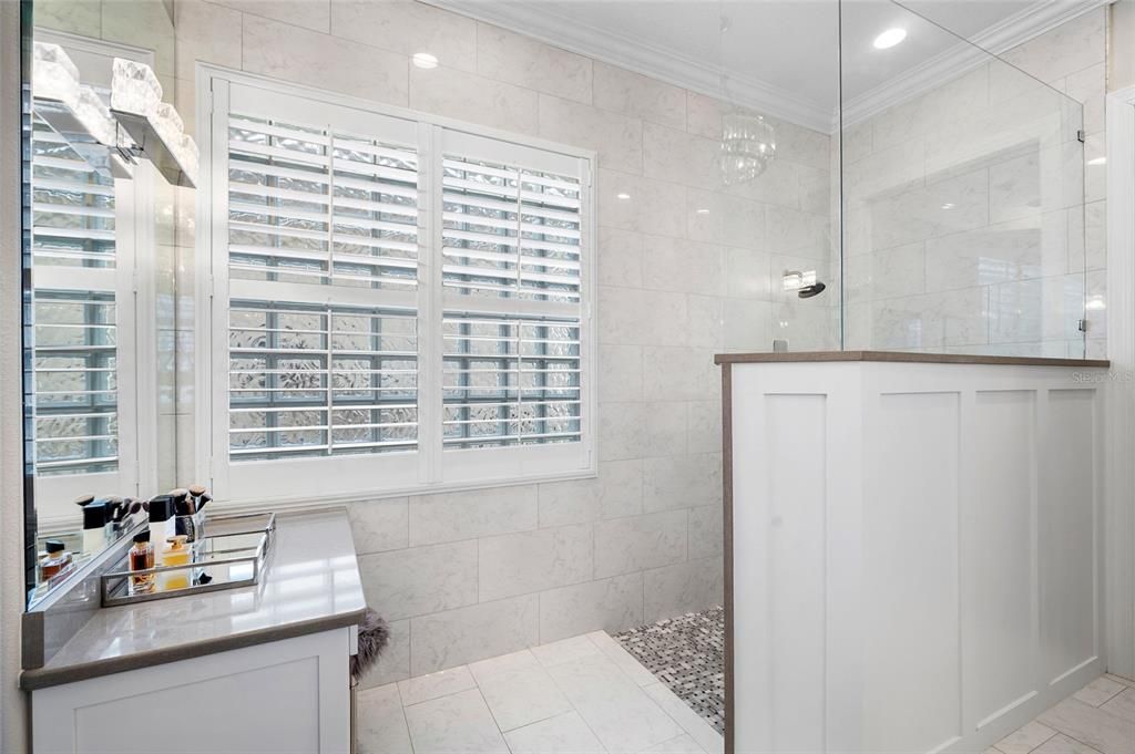 Bathroom, Glass Shower, Interior, Marble Walls, Recessed Lighting